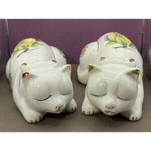 Formalitives By Baum Bros White Sleeping Cat Figurines With Pears